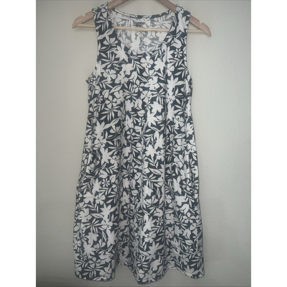 Lands End Tank Dress BLACK & WHITE Floral Print Hibiscus Pockets Womens XS 2-4